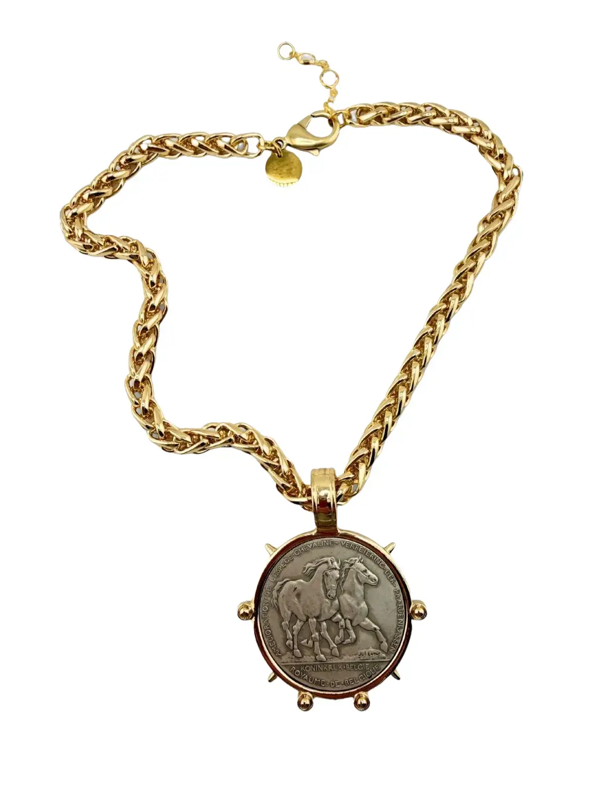 Unisex Equestrian Statement Necklace - Horse Motif Coin Embellished Pendant, Chunky Woven Wheat Chain, Adjustable 16-18in Gold Plated, Western Casual Adjustable Length Necklace Accessory