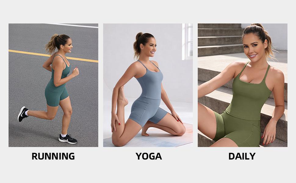 CRAZY YOGA 1/3-PACK 2026 New Adjustable Straps Built-in Bra Tank Top - Criss Cross VS Spaghetti Thin Straps & Scoop Neck, Slim Cute Buttery Soft Thicker Fabric Longline Sports Bra with Built-in One-Piece Bra Pads Yoga Wear Fitness Yoga Gym Activewear