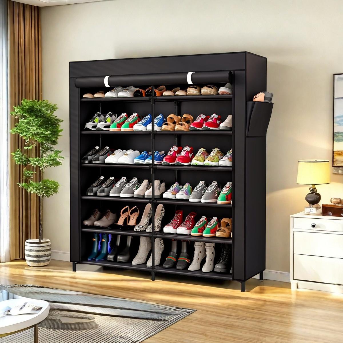 Shoe Rack Storage Organizer 7 Tier 42 Pairs Portable Metal Dust Cover Non Woven with Side Pocket Shoe Shelf Cabinet for Entryway Bedroom Closet, Coffee