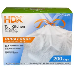 13 Gallon Reinforced Top Drawstring Unscented Kitchen Tall Trash Bags with 20% PCR (200-Count)