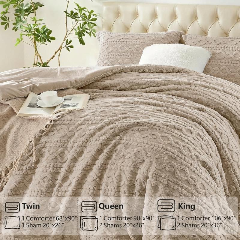 HOMELIKE MOMENT Queen Size Reversible Fluffy Fleece Comforter Set Ultra Soft Cozy Machine Washable Bedding for Christmas Winter Dorm & Bedroom Decor Beige 3-Piece Set, Valentines Gifts
