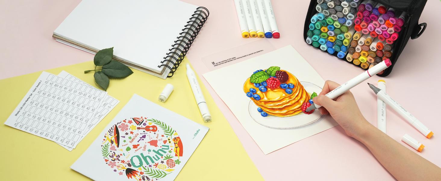 Ohuhu Alcohol Based Markers: Chisel & Fine - 120-color - Double Tipped Art Marker Set for Artist Designer Adults Coloring Illustration - AP Certificated - Refillable - Chisel and Fine Dual Tips - Oahu Series of Ohuhuart