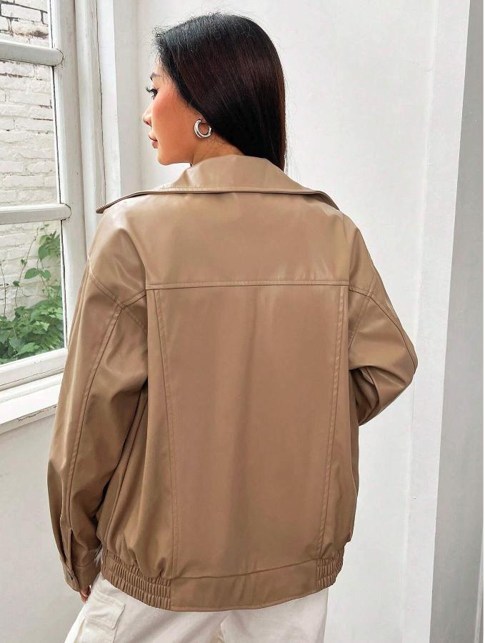 Zip Up Drop Shoulder PU Thick Leather Jacket *LooKo