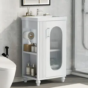 20" Bathroom Vanity with Sink, Bathroom Vanity Cabinet with Two-tier Shelf, Adjustable Shelf, Solid Wood and MDF, White Furniture Storage