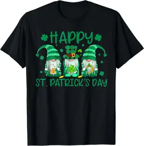 Three Gnomes Holding Shamrock Leopard Plaid St Patrick's Day T-Shirt