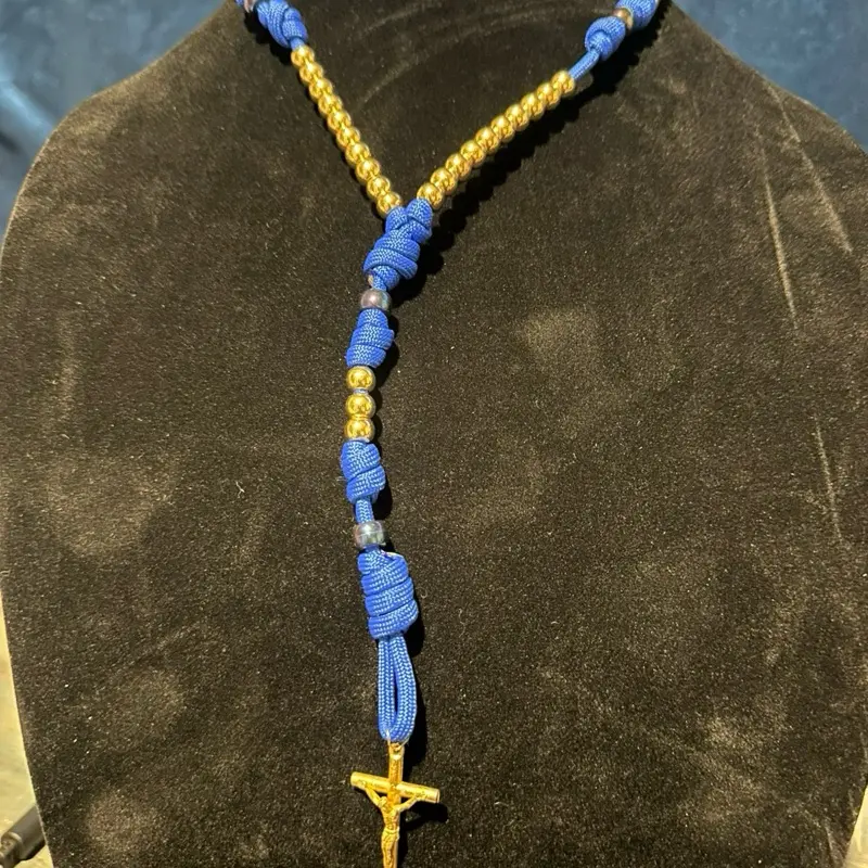 Handmade paracord 5 decade rosary blessed royal blue and gold with crucifix
