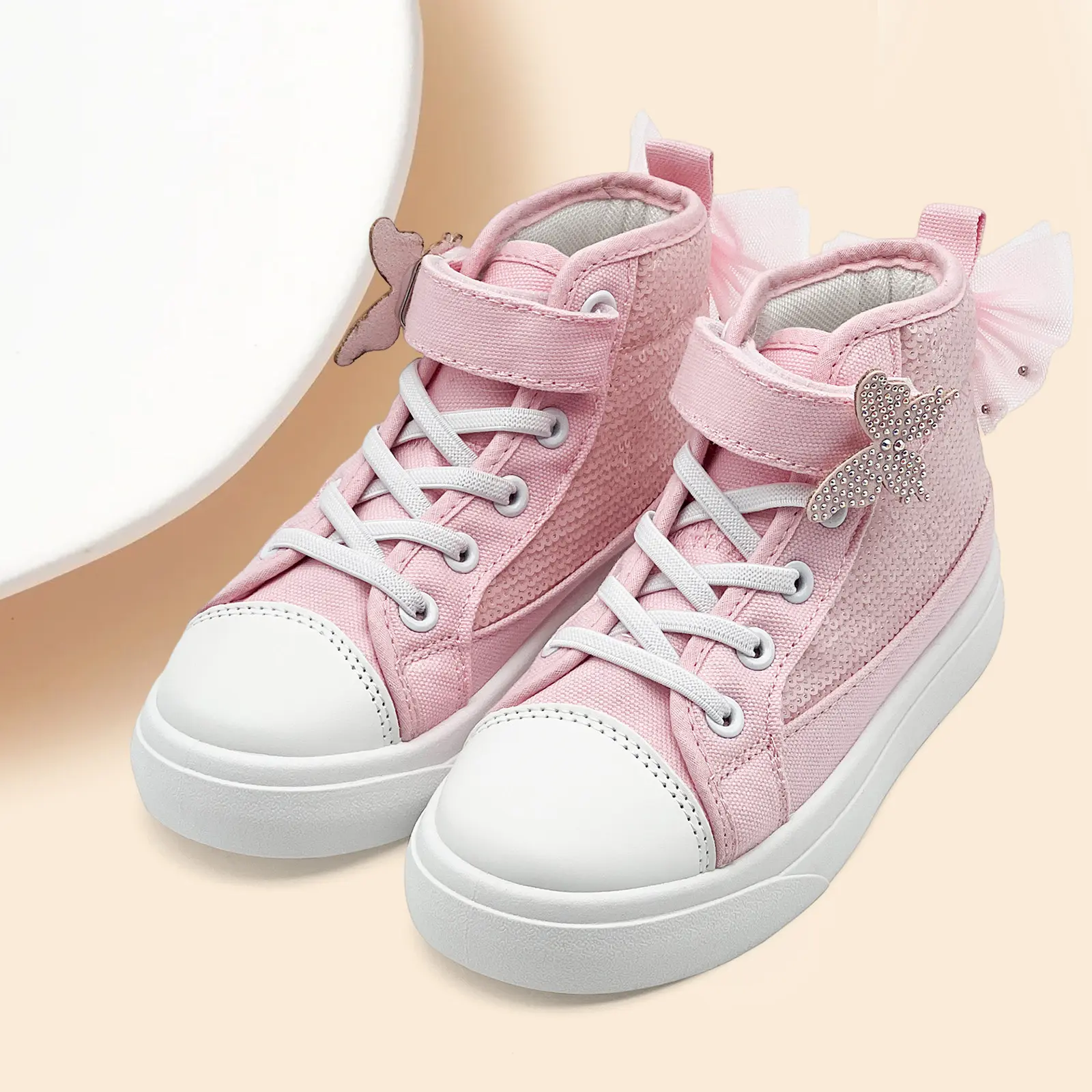 Lumubby Girls' Trendy Trainers - 4-5 Years, High-Top, Round Toe, Sparkle Sequins, Butterfly Print, Sequined Bow, Rubber Sole, All-Season Casual Walking Flat Shoes for Play Activities