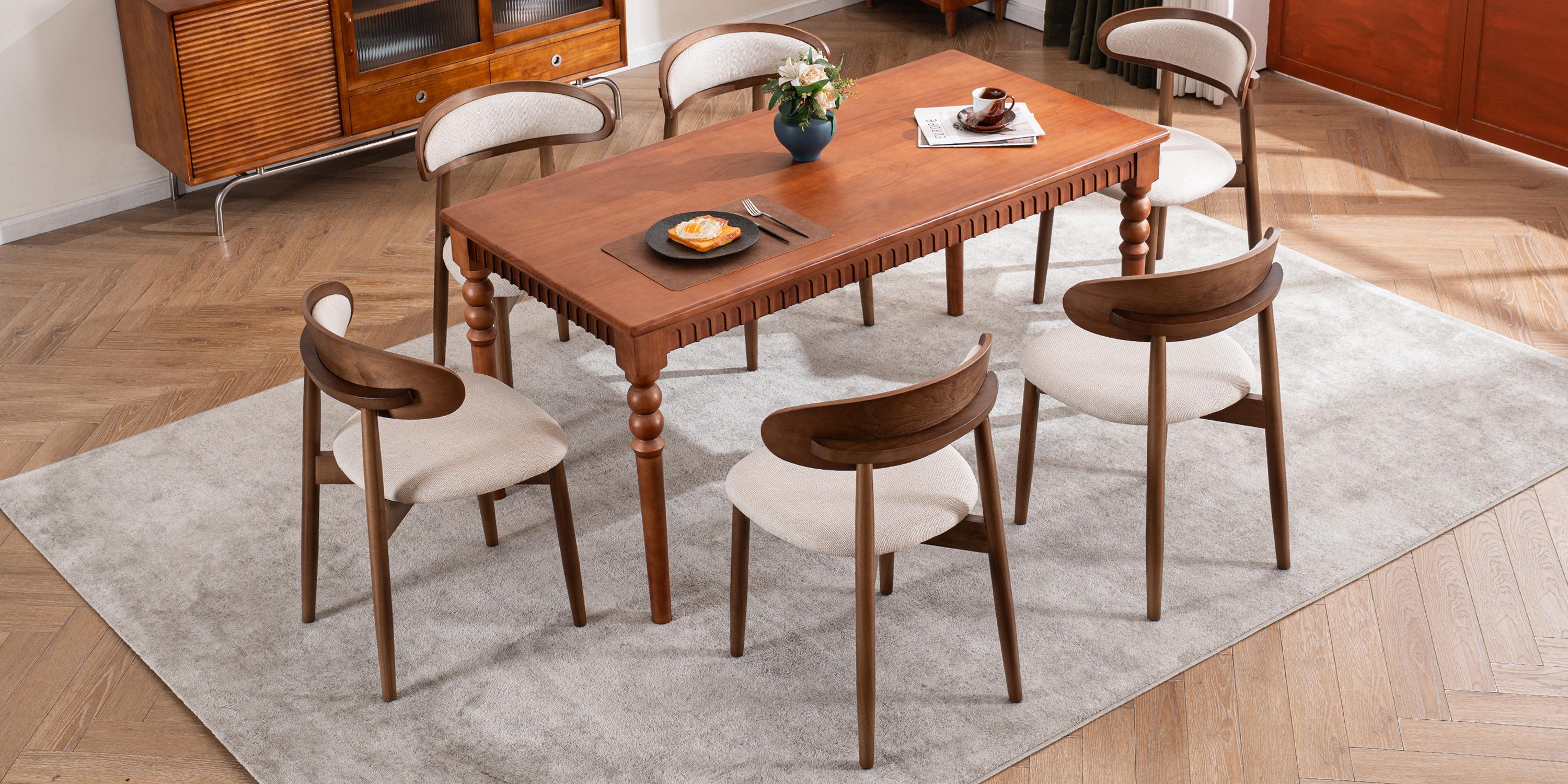 RIMIKING Upholstered Wooden Dining Chair （1 carton 2pcs）, Breathable Fabric Seat, Curved Back Design, Sturdy Rubberwood Legs,6870