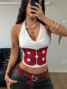 VYNCE Women's Summer Concert Y2K Streetwear Sport Casual Breathable Mesh Graphics Number Pattern White Slim Fit Backless Crop Tops