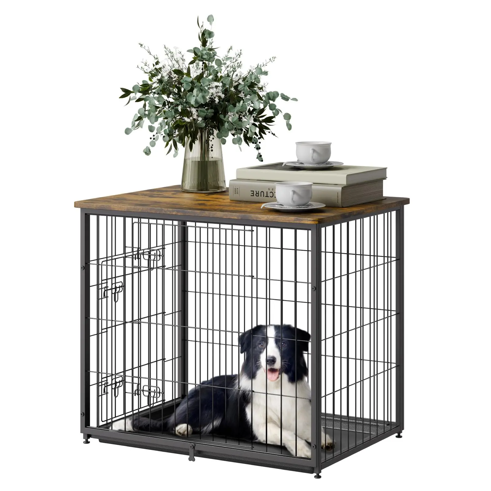 【Backtoschool】VEVOR 27" Dog Crate Furniture, Dog Kennel Furniture with Double Doors, 2-in-1 Decorative Wooden Dog Crate with Removable Tray, Dog Crate End Table Hold up to 30 lbs for Small, Medium Dogs Brown