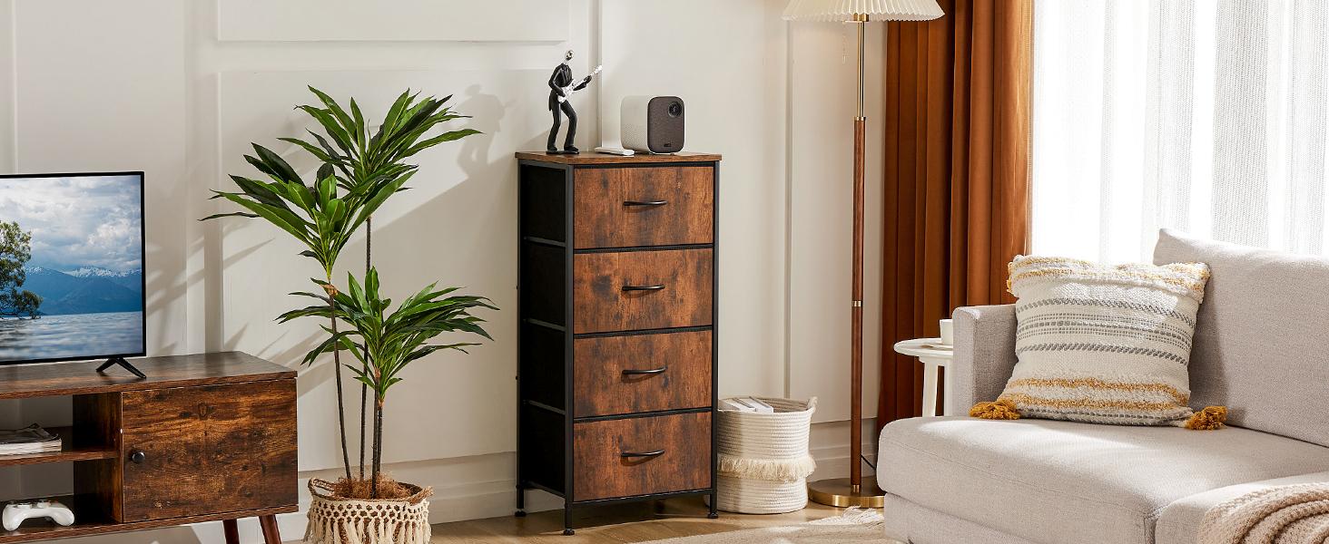 Dresser for Bedroom, Storage Drawers, Skinny Fabric Storage Tower with 4 Drawers, Tower Organizer Unit, Chest of Drawers with Wooden
