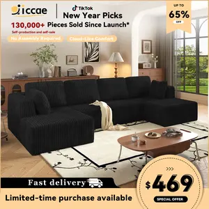 【2-3 Packages】 Niccae 132'' U-shape Boneless Memory Foam Sectional Sofa, Compressed Corduroy Sectional Couches, Oversized U Shape Comfy Modular Compression Cloud Sleeper Sofa with Deep Seat, Space-Saving Recliner Design