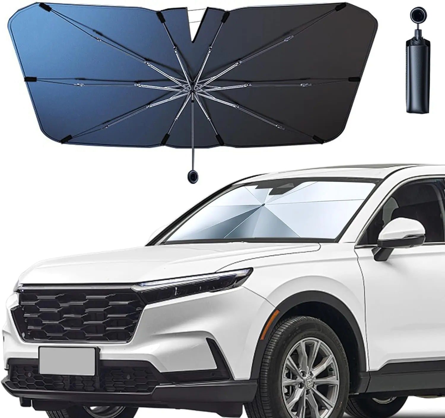 2026 Upgraded Car Windshield Sun Shade Umbrella, Foldable Car Umbrella Sunshade with UV Block Car Front Window, Ten Strand Convex Umbrella Frame Retractable Sunscreen for Most Cars/SUV (Black)