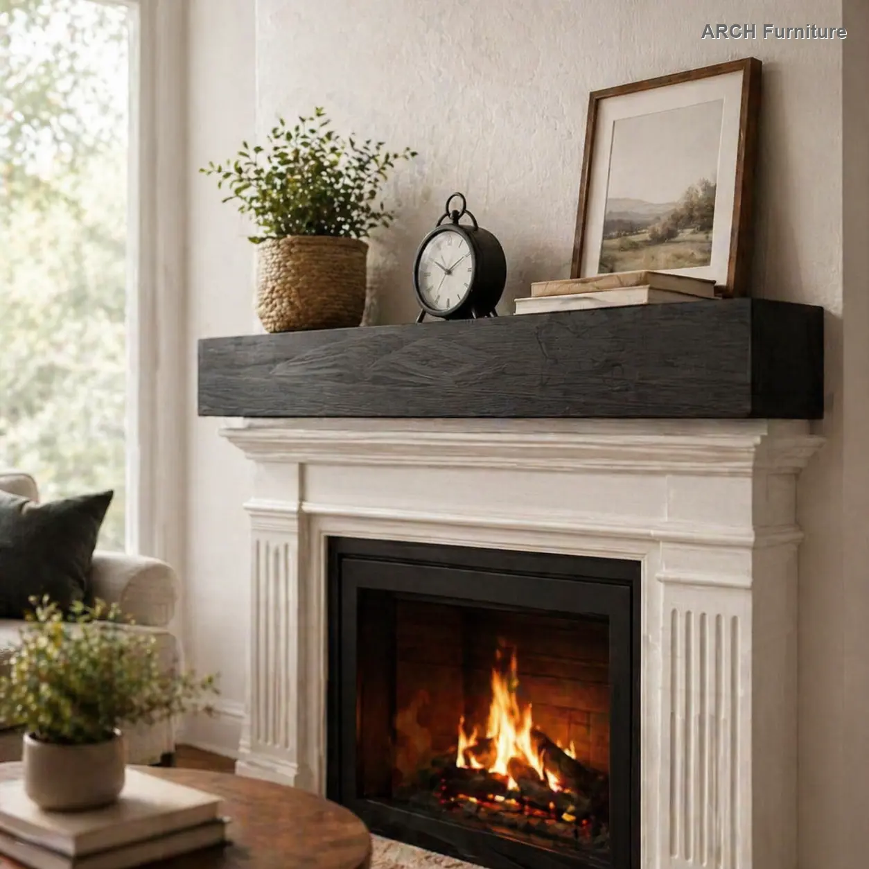 Solid Cedar Wall-Mountable Wooden-Metal Modern Farmhouse Fireplace Mantle Shelf (72x9x6 in) - Hollow Design, 50lb Capacity, Hooks, Water-Based Coat, Rustic Finish, Installation Hardware, Room Decor, Home Supplies