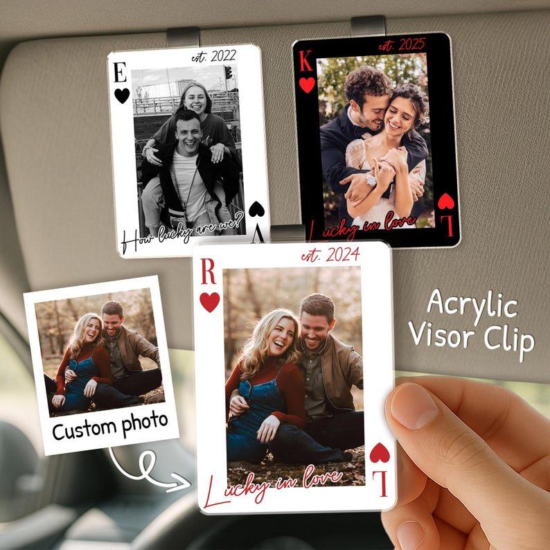 Personalized Your Photo Car Hanging Keychain, Drive Safe Gift for Him, Valentine's Day Gift Boyfriend, Couple Playing Card Car Visor Clip