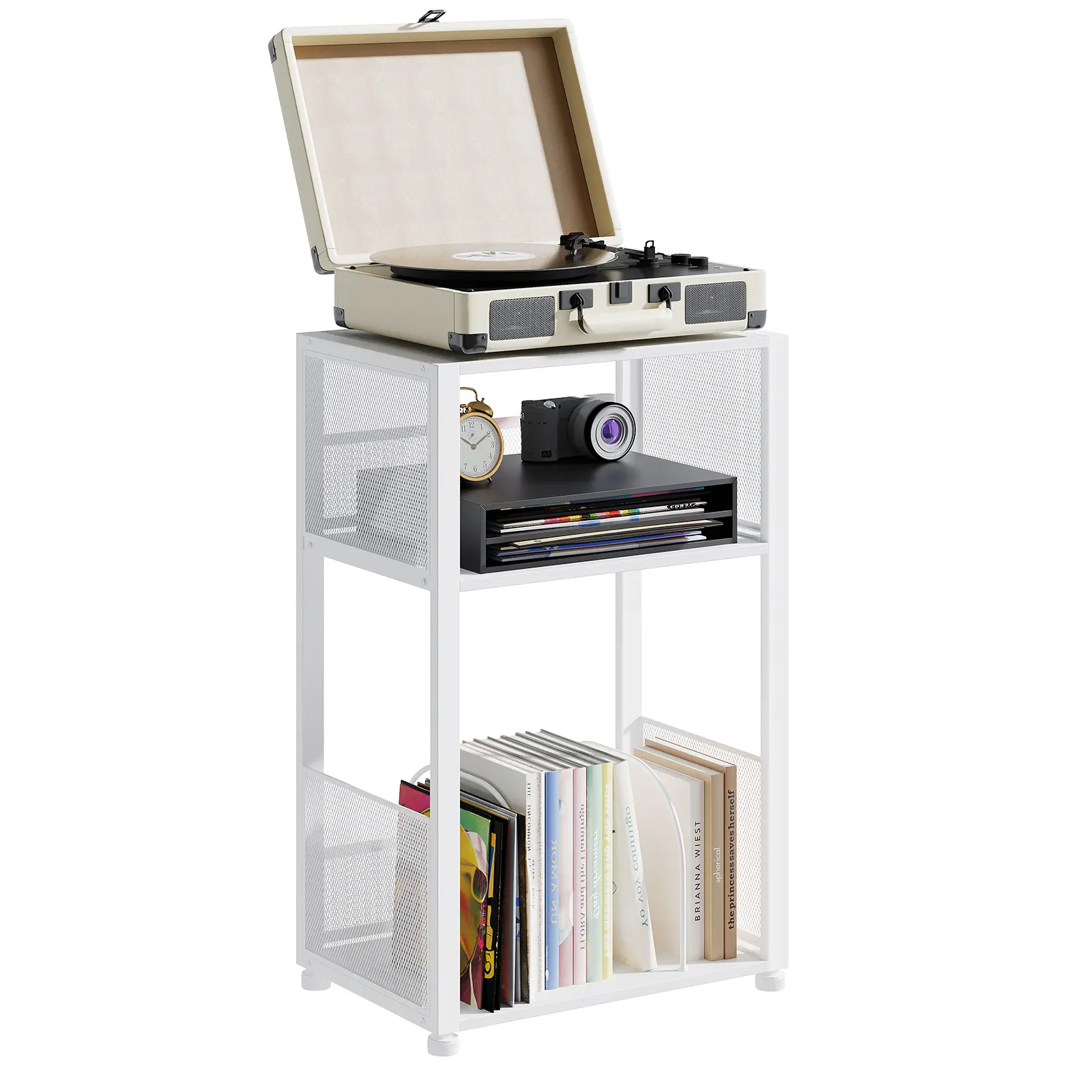3 Tier Side Table, Record Player Stand with Storage Up to 100 Albums, Turntable Stand for Vinyl, Records Shelf for Living Room Bedroom