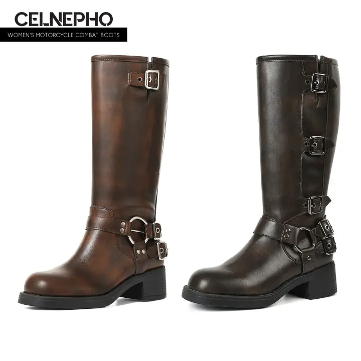 CELNEPHO Womens Motorcycle Boots Round Toe Combat Boot Chunky Block Heel Metallic Buckle Strap Design Easy Pull on Party Bike Riding Work Casual Streetwear Long Tall Punk Summer Dressy Shoes