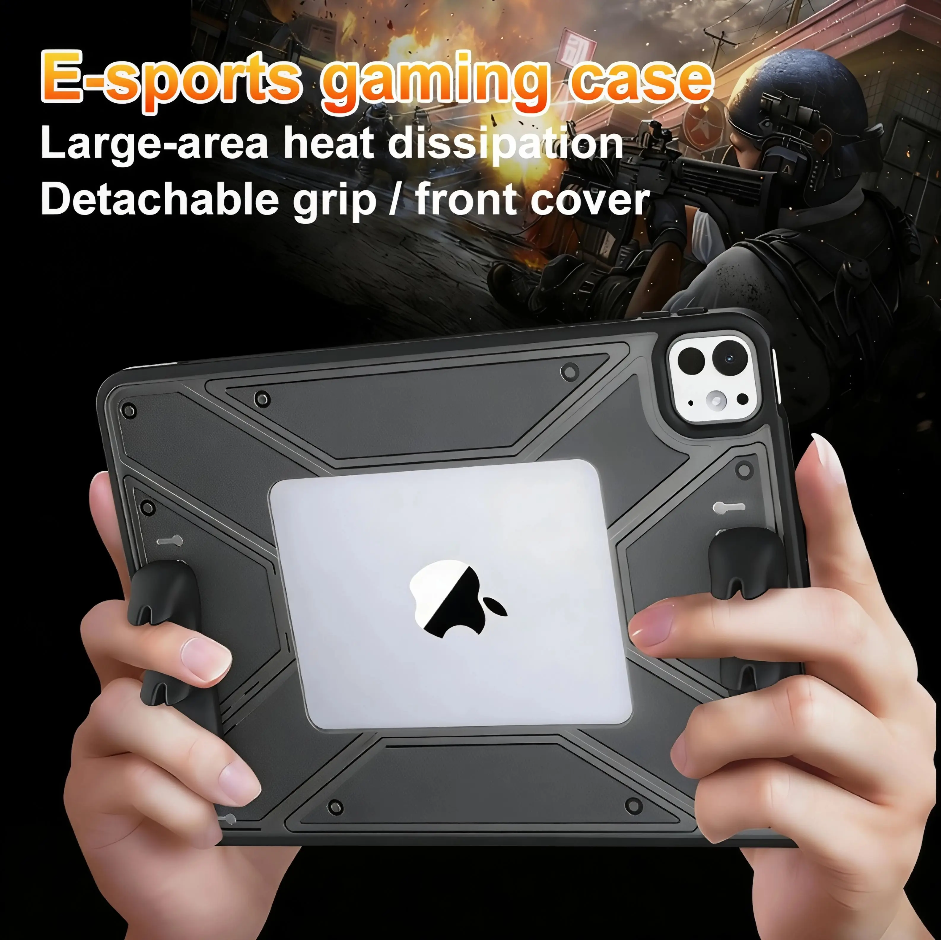 SidunRilax Gaming Tablet Case - Detachable Grip & Panel, 35°/75° Multi-Angle Folio, Pencil Holder, Auto Sleep/Wake, Hollowed-Out for Cooler Compatibility, Ideal for PUBG/COD, Tablet Accessories
