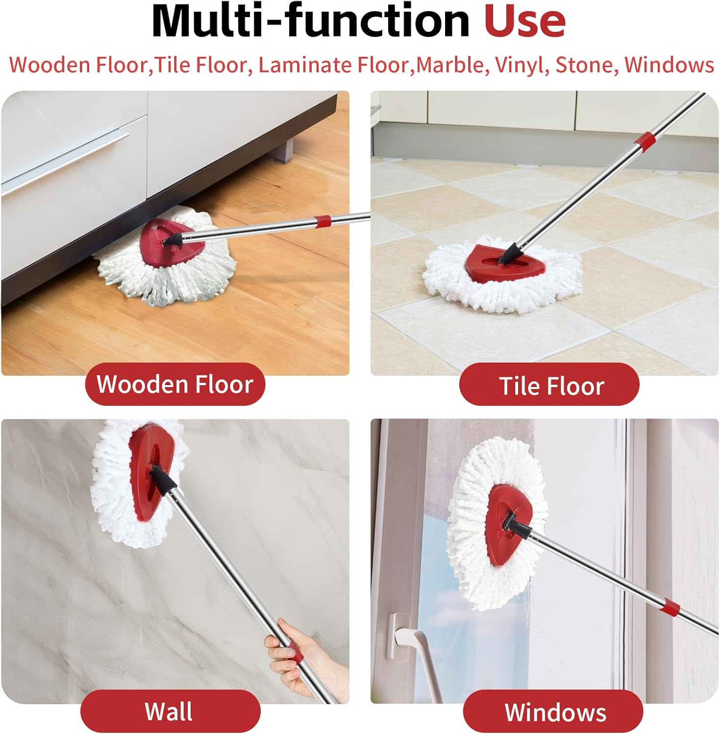 Spin Mop Head Replacement & Shower Floor Scrubber for O Cedar 1-Tank System Microfiber Mop Heads Easy Cleaning Floor Head Mop Set with 4 Refills 30-58in Handle for Wood Tile Laminate Marble