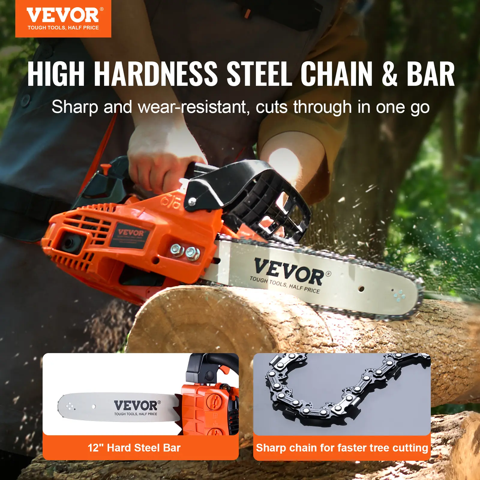 【summerfinds】VEVOR Gas Chainsaw, chainsaw for tree cutting, 25.4CC 12-Inch 1.2HP 2-Stroke Gasoline Powered Chain Saw with Anti-Vibration Handle & Auto-Oiler for Farm, Garden, Ranch - Cuts Tree Branches, Firewood, Logs, Hardwood, Gas Powered Chainsaws