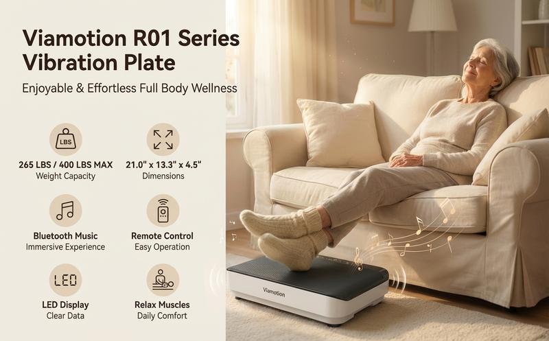 Viamotion Vibration Plate for Seniors & Home Relaxation, Low-Noise 150W Motor, 1-99 Speed Levels, Bluetooth Music, Safe Dual Voltage Protection, LED Display, Perfect Gift for Elders