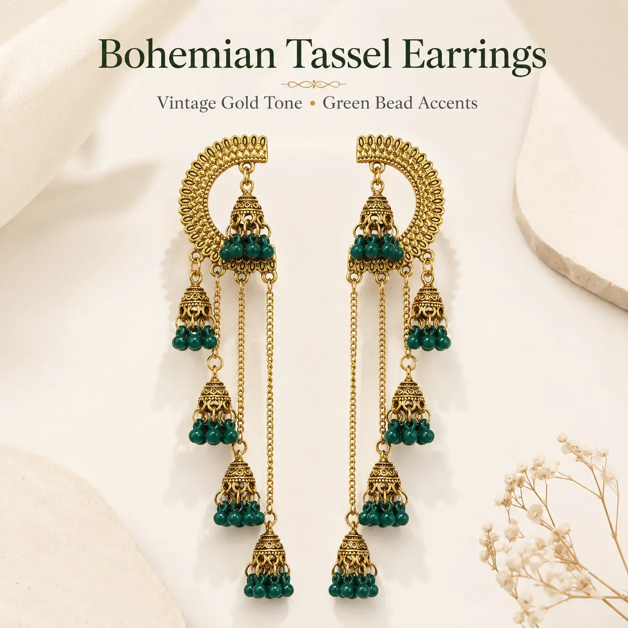 Women's Indian Jhumka Chandelier Earrings, Gold Tone with Beaded Tassels - Traditional Culture Statement Fashion Jewelry, Comfortable Earrings Dangling for Party Wear, Fashion Jewelry Party, Ethnic, Female, Party Festival Earrings
