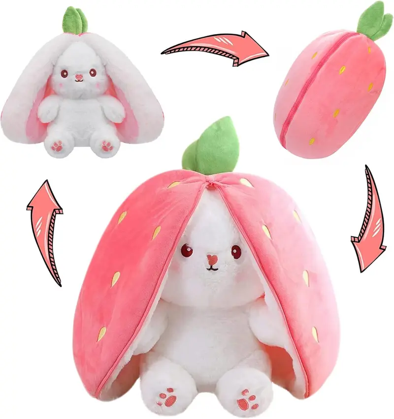 Bunny Stuffed Animal Reversible Cuddle Bunny Stuffed,Strawberry Bunny Transformed Rabbit Plush Zipper,Turns Into Ears Bunnies Plushies Toy Cute Stuffy Doll Easter Girlfriend Gift Valentine's Day gift