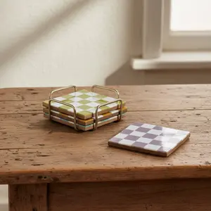 Checkered Coasters Set with Gold Holder | Retro Mid-Century Modern Drinkware