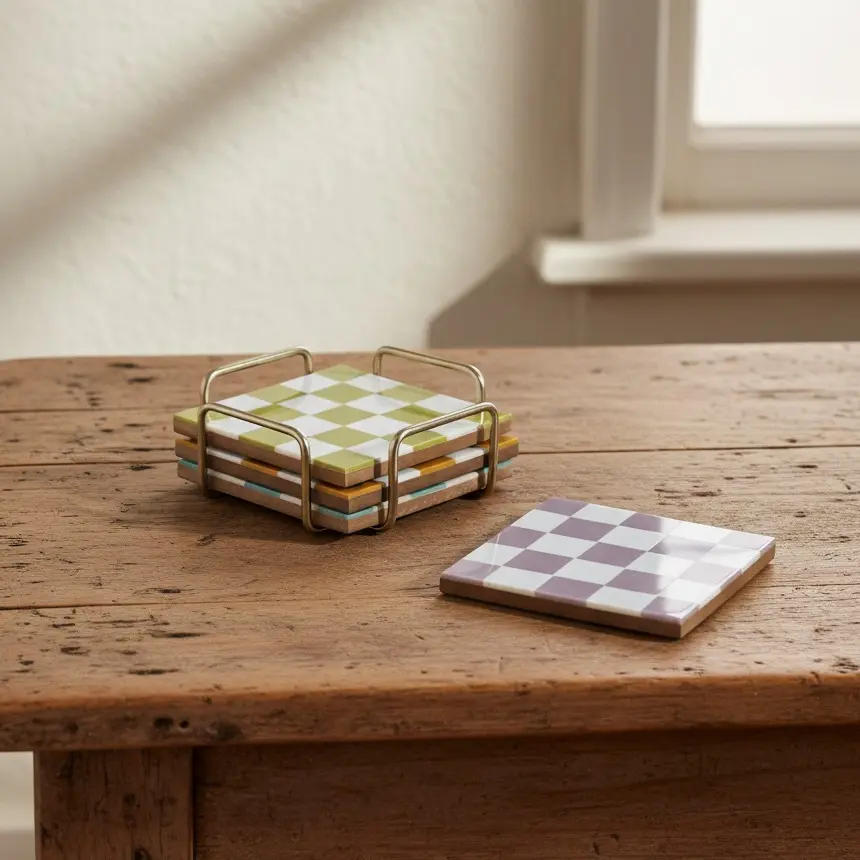 Checkered Coasters Set with Gold Holder | Retro Mid-Century Modern Drinkware