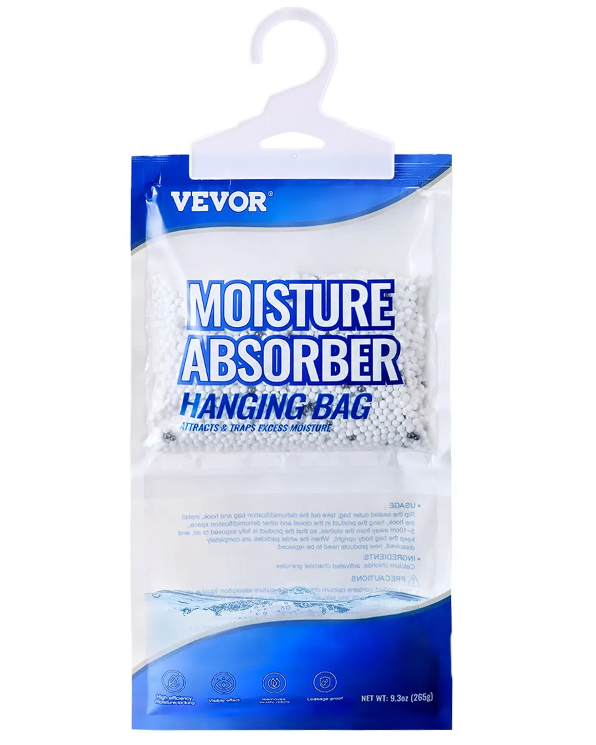 Vevor Fragrance-Free Moisture Absorber Packets - 10 Pieces 9.3oz/500ml Leak-Proof Transparent Hangable Dessicant Bags with Moisture Barrier, High Absorbent Odor-Cut Carbon for Shoe, Closet Humidity Control