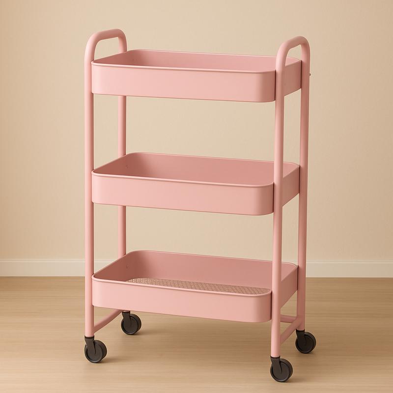 3 Tier Rolling Cart, Metal Utility Cart with 4 Hooks Storage Cart on Wheels Craft Cart with Handle for Organizer Storage for Classroom Office Dorm Home Pink and white.