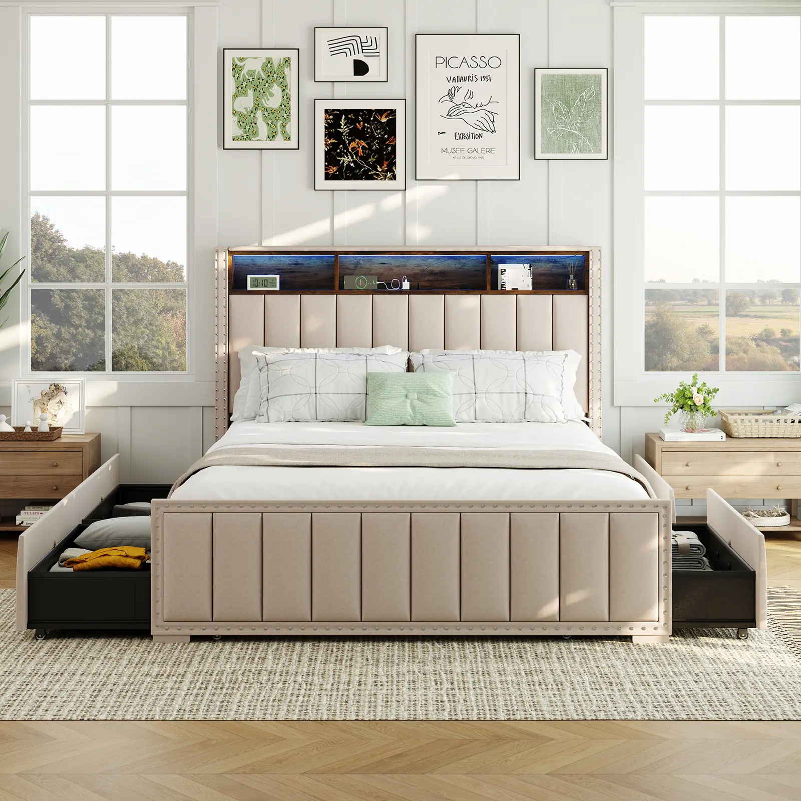 Bed Frame with 4 Storage Drawers Platform Bed with Headboard LED Lights and Electricity for Household Bedroom Modern Design