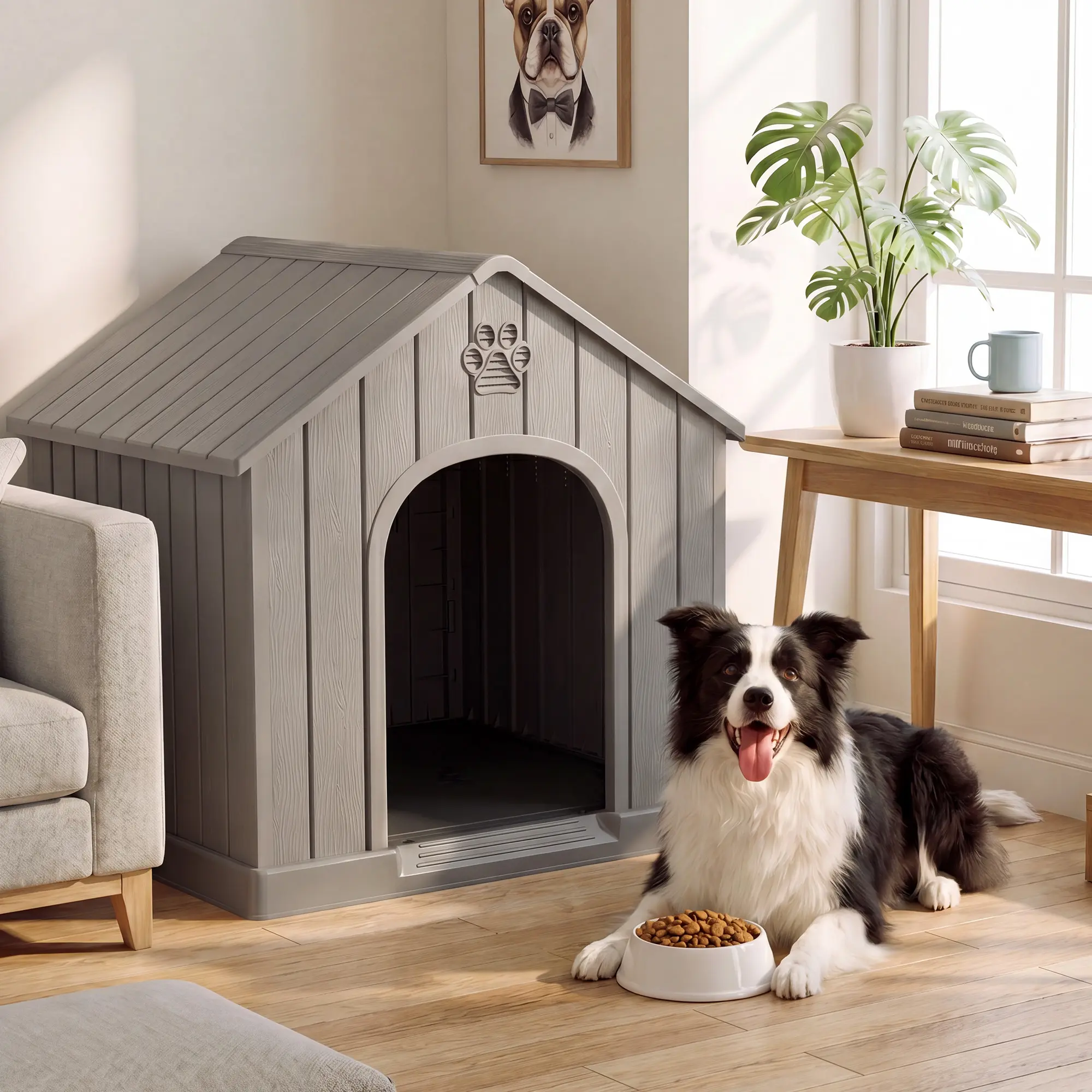 Indoor/outdoor dog house; waterproof, well-ventilated plastic pet house; easy to assemble and clean; weather-resistant dog house suitable for medium and large dogs