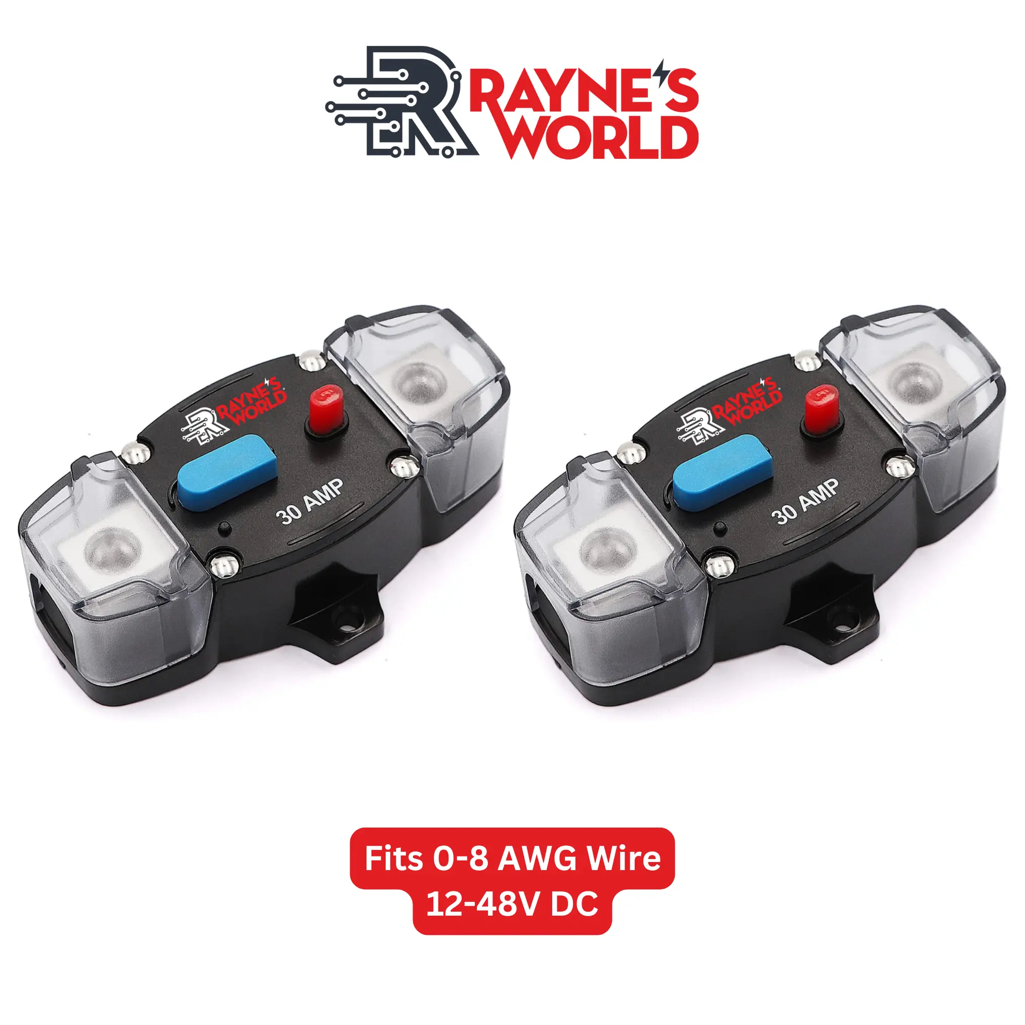 Rayne's World (2 Pack) 30-300 Amp Inline Waterproof Circuit Breaker with Dust Covers 12-48V Fits Up to 0 AWG Wires Removable Insert for Larger Wires