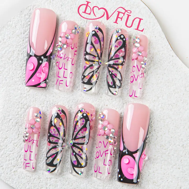 Lovful Square Mid Length 1.7" Handmade Acrylic Press-On Nails for Art & Care|10PCS Reusable,Salon Quality,Link1 H23-H195 Outdoorfun