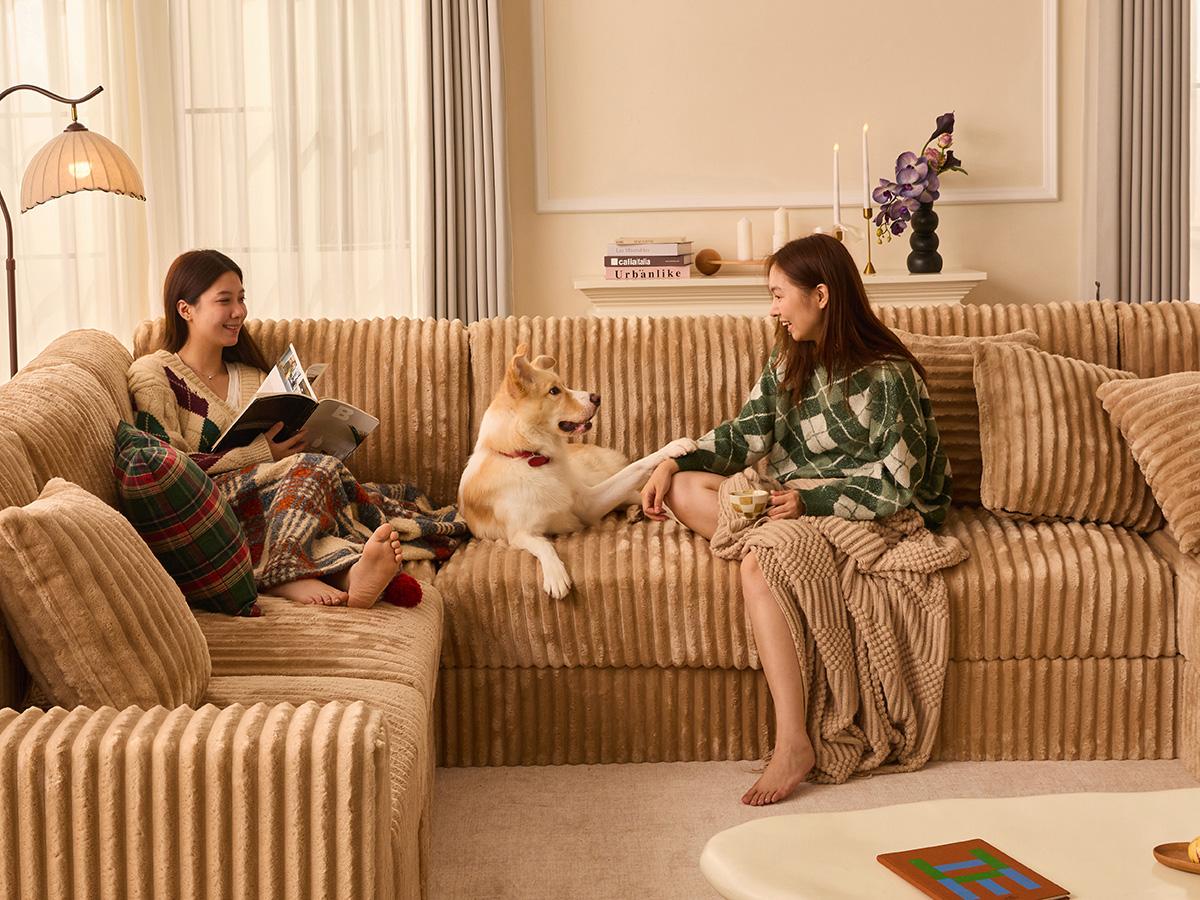 【6 Packages Shipping】Queen Sofa,Cloud Couch 139" U-Shaped Sectional Sofa, Oversized 7-Seater Modular Couch with Corduroy Upholstery, Deep Seats, High Backrest & Pocket Spring Cushions for Living Room, Right Facing Chaise