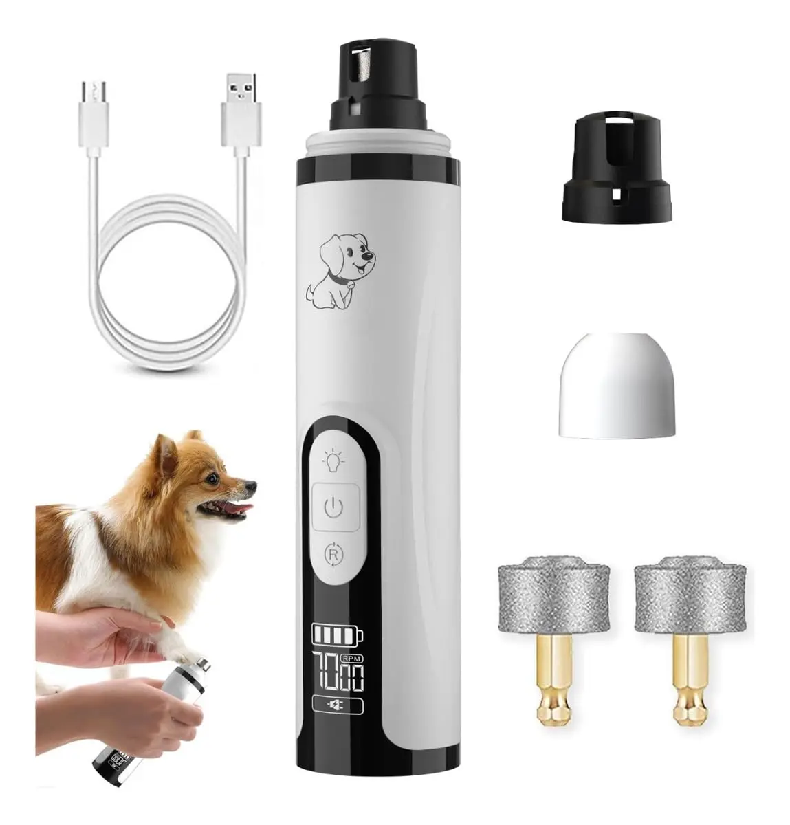 Dog Nail Grinder Nails Kit Set for Small-Large Dogs, 3-Speed Low-Voltage Motor, Silent Mode (<40dB, 7000-9000 RPM), Dual LED Lights, Gentle Touch, Ergonomic Grip, Multiple Grinding Trim Ports, 2000mAh Battery, USB Cable for Fast Grooming
