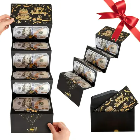 Black & Gold Happy Birthday Money Pull Box with Envelope – Unique Surprise Cash Gift Box for Men, Women, Him, Her, Friends & Family – Premium Foil Accents, Easy to Use, Perfect for Birthday Celebrations & Memorable Gifts