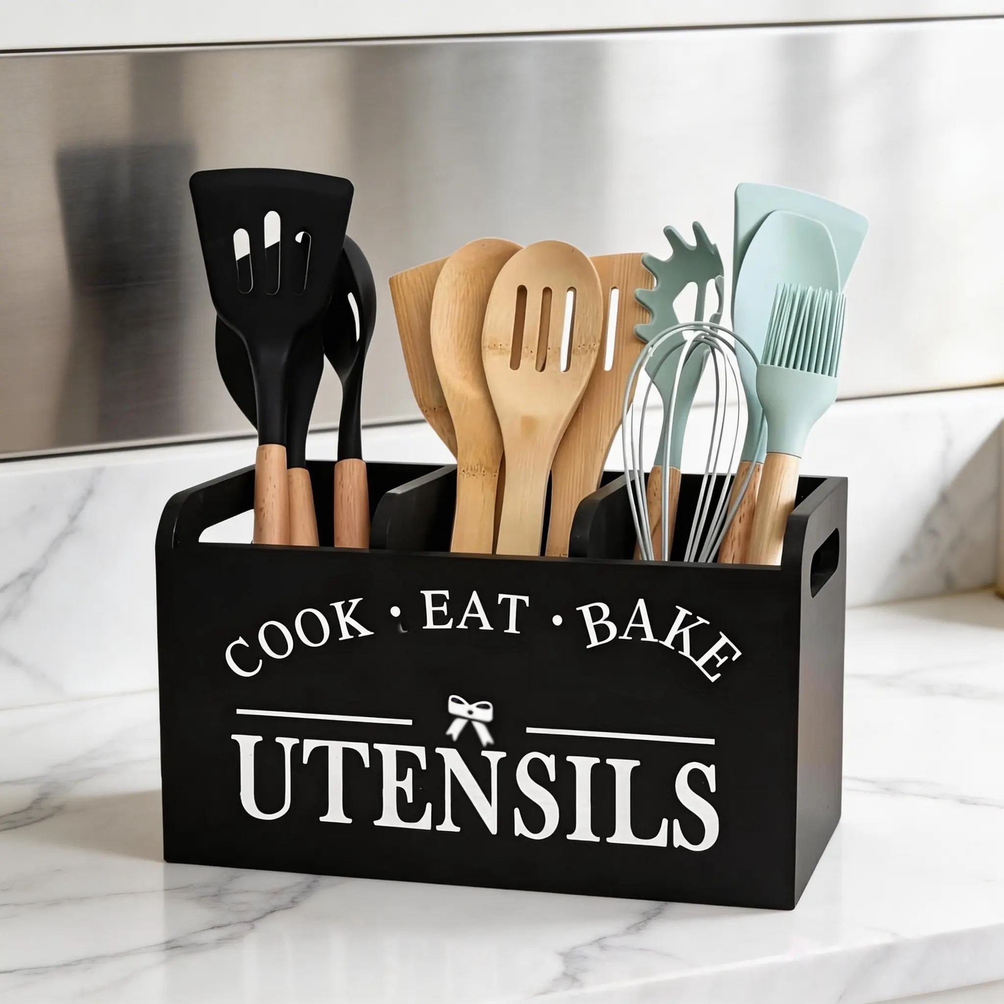 Utensil Holder Rustic Utensil Caddy Utensil Crocks With 3 Compartments For Kitchen Counter, Kitchen Wooden Utensils Organizer, Farmhouse Wood Flatware Utensil Organizer Storage Box For Silverware Fork Spoon Spatula