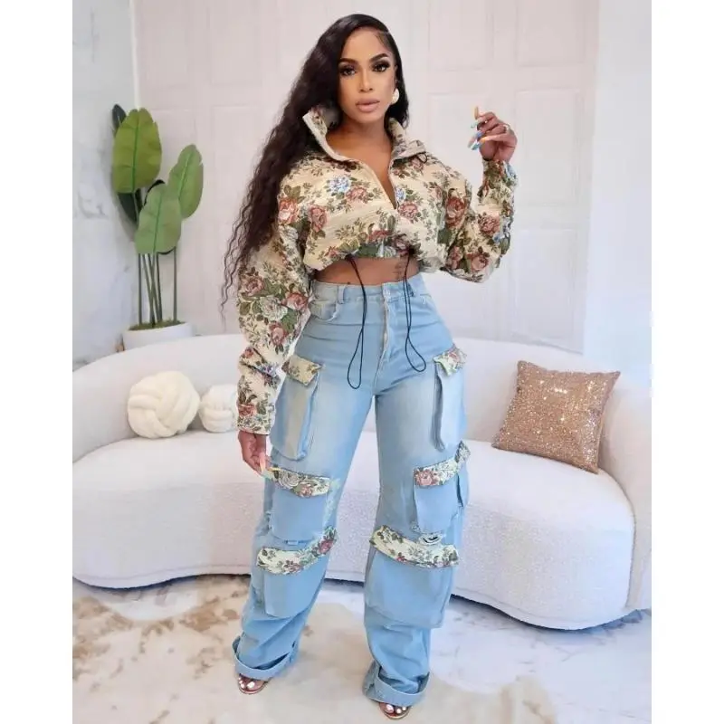 Washed Denim Women's Set Full Sleeve Floral Jacket and Pockets Cargo Jeans Pants Suit 2025 Street Two 2 Piece Set Outfit Top Clothes5213