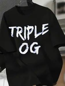 Men'S TRIPLE OG Street Graphic T-Shirt in Green, Featuring a Regular Crew Neck And Short Sleeves, Designed for Summer Casual Wear with White Lettering And a Comfortable Fit, Plus Size