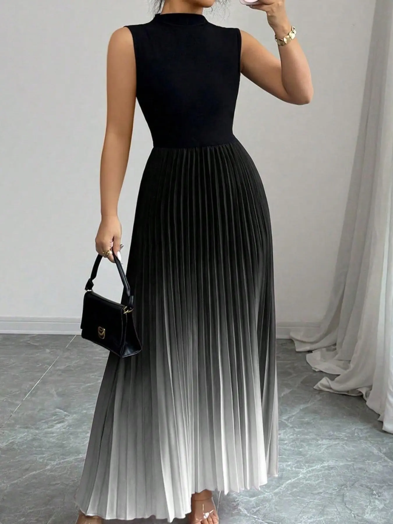 Mock Neck Sleeveless Fitted Vest Pleated Tie Dye Ombre Gradient Bodycon Summer Dress, Stylish Women's Casual Wear, Perfect for Daily Wear, Comfortable and Trendy Design