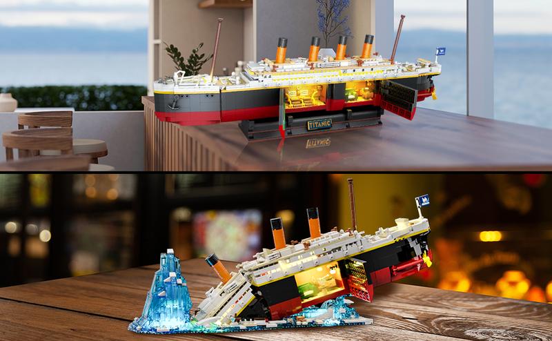 Titanic Building Set with LED Light, 1883PCS 2-in-1 Ship Model with Rotating Propellers, Opening Hatches, Opulent Hull & Interiors, Magnetic Blocks for Kids & Adults Age 10+