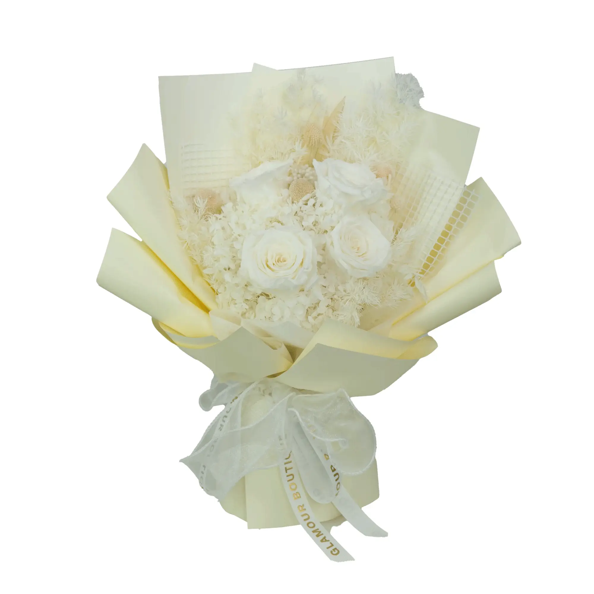 GLAMOUR BOUTIQUE Everlasting Elegance White Flower Bouquet - 6-7 in, 1.2 lbs, No-Maintenance Home & Garden Decor for Birthday, Mother's Day
