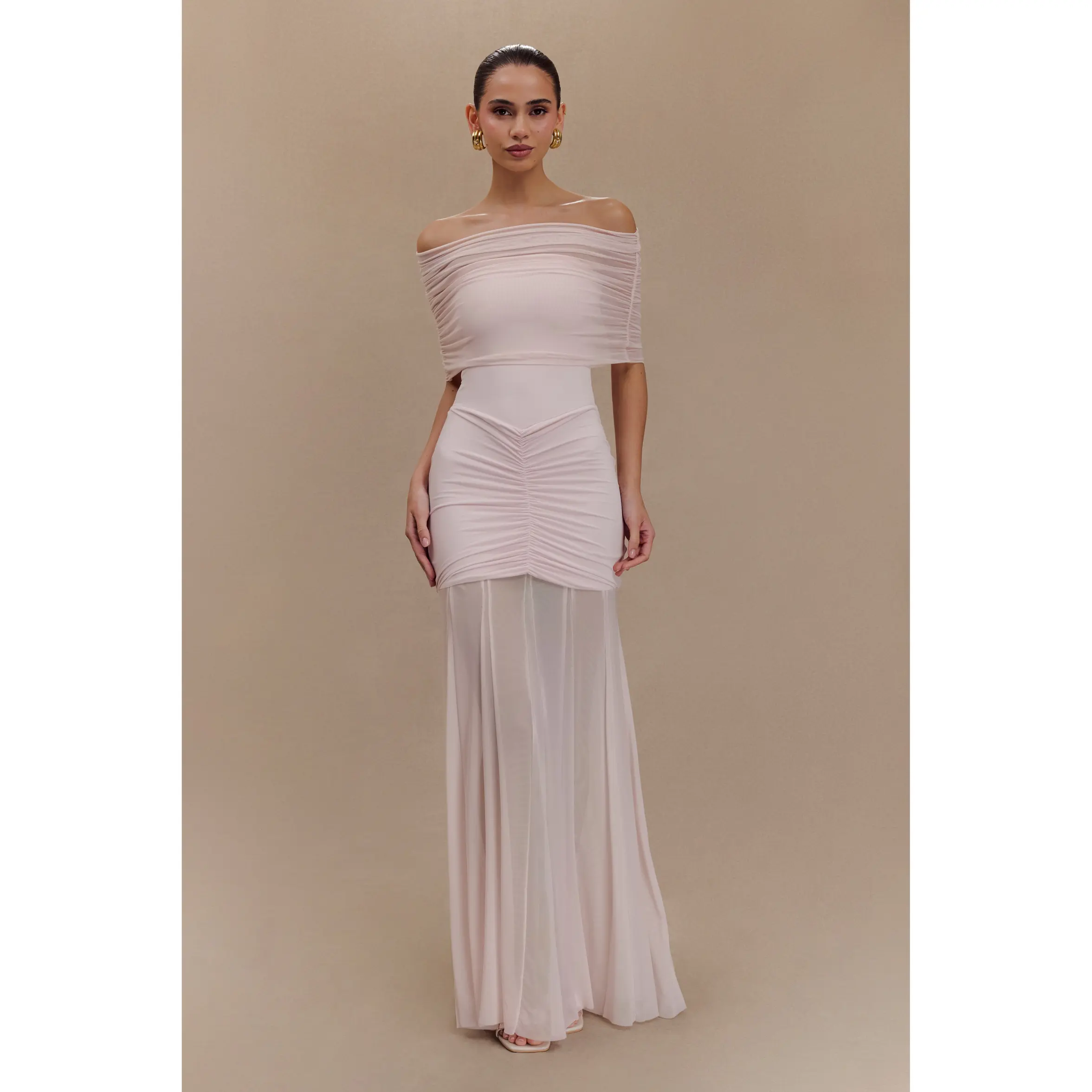 Caspian Slinky And Mesh Off Shoulder Maxi Dress - Pale Pink