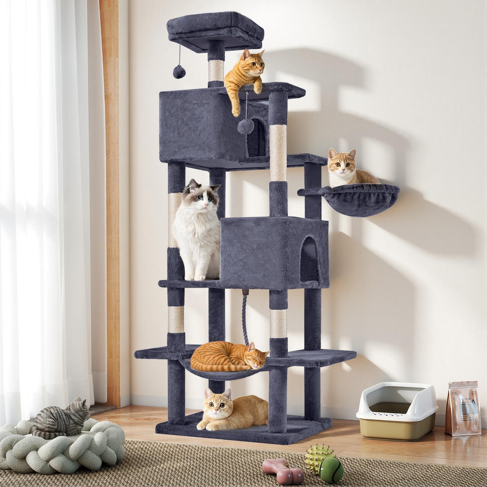66 inch Large Cat Tree for Multiple Cats, Multi-Level Cat Tower with 2 Condos, 3 Perches, Hammock & Pompoms, Extra Wide Platform for Indoor Cats and Kittens Play