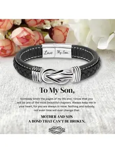 To My Son Infinity Knot Bracelet From Mom, Forever Linked Together Bracelets Stainless Steel Braided Leather Inspirational Bracelets Engraved Jewelry for Birthday Gift Jeweley