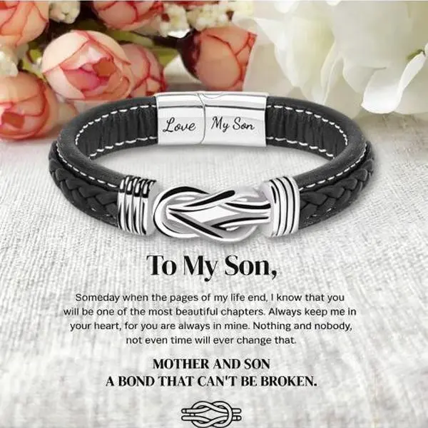 To My Son Infinity Knot Bracelet From Mom, Forever Linked Together Bracelets Stainless Steel Braided Leather Inspirational Bracelets Engraved Jewelry for Birthday Gift Jeweley