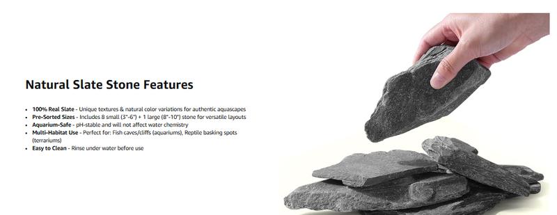 Natural Slate Stone Rocks with Special Liquid Glue, Mix of Rocks 3-6 inches and 1 Piece 8-10 inches, PH Neutral Stone for Aquascaping Aquariums, Paludariums, Reptile Enclosures (4.1 - 4.6 lbs)