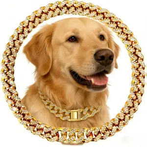 Bling Gold Dog Cuban Link Chain Collar with Sparkly Rhinestones, Luxury Diamond Metal Pet Necklace for Small Medium Large Dogs & Cats